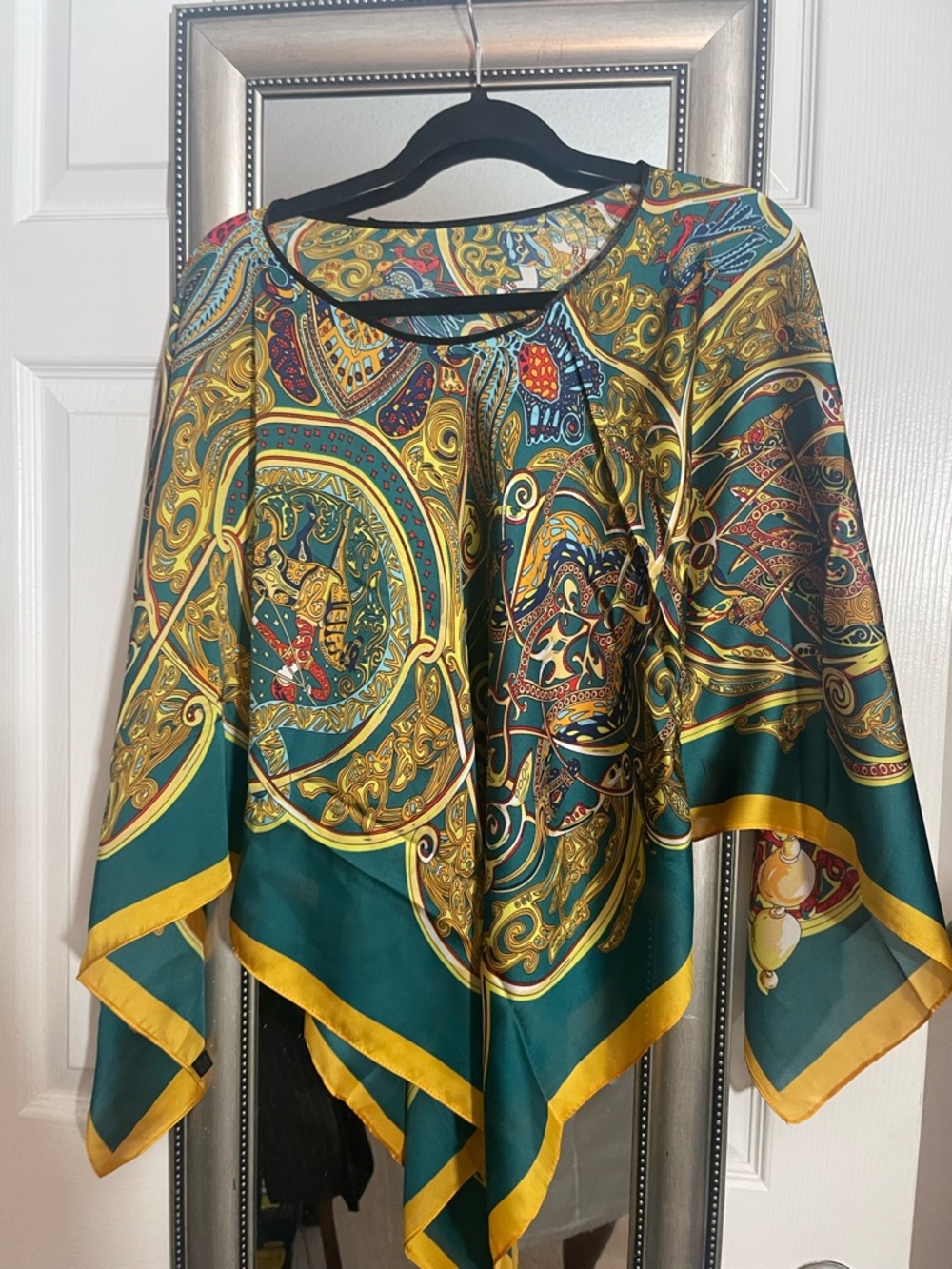 Elegant Green and Gold Printed Poncho Blouse one size fits